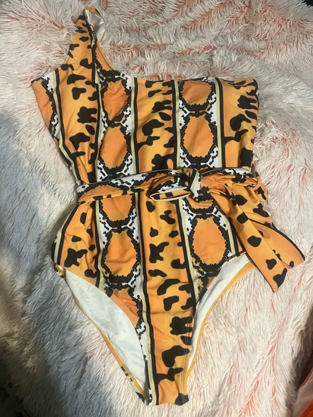 SHEIN One-Shoulder Orange Animal Print Kids One-Piece with Belt